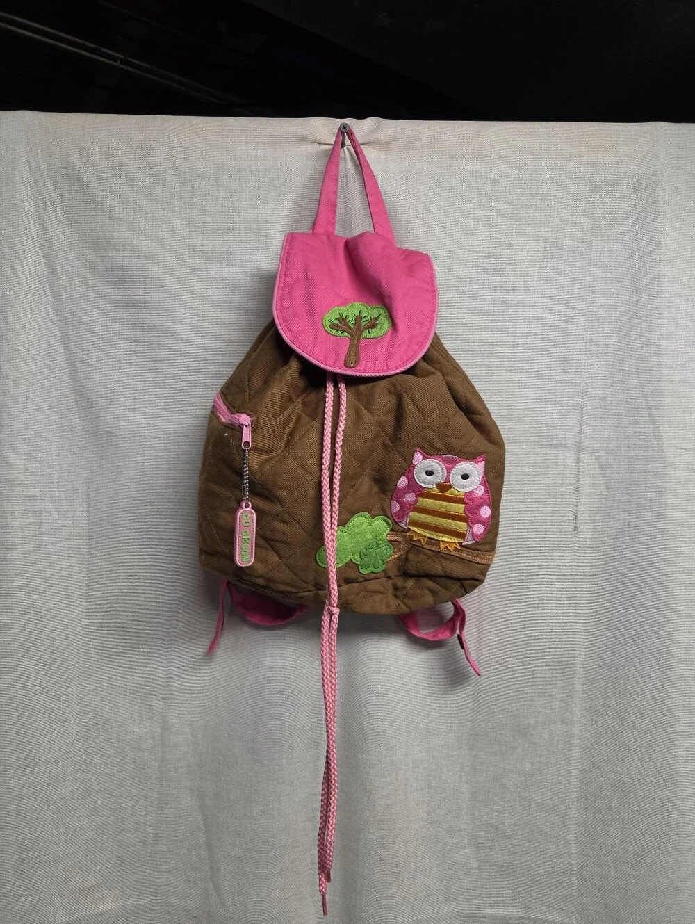 Kids Brown Quilted Backpack with Pink Accents and Owl Appliqué